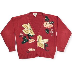 Vintage Worthington Petite Knit  embroidered Floral Button Up Cardigan cabincore